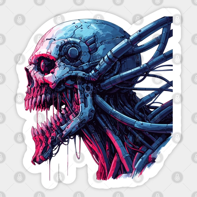Creepy cyborg neon skull cyber punk art Sticker by TomFrontierArt